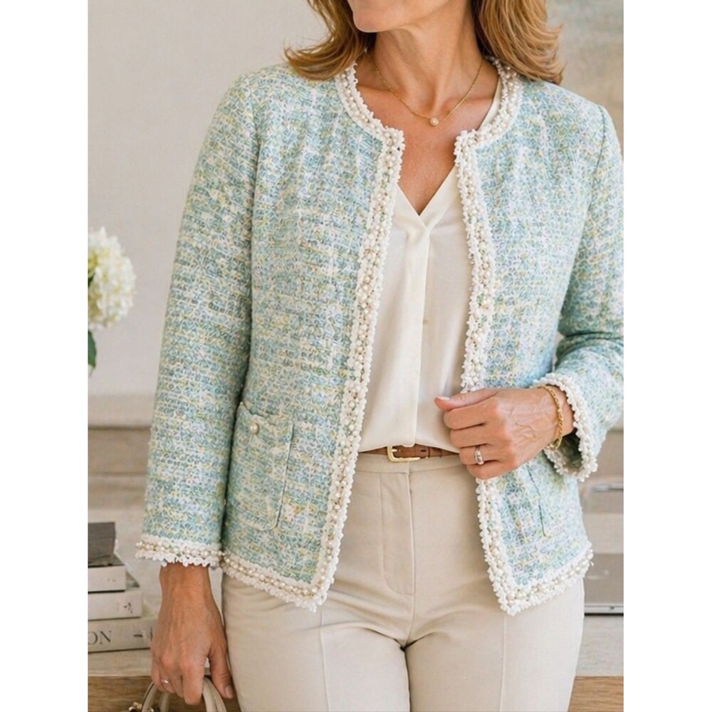Alfred Dunner Mint Tweed Jacket Pearl Trim Metallic L Blazer Feminine Spring